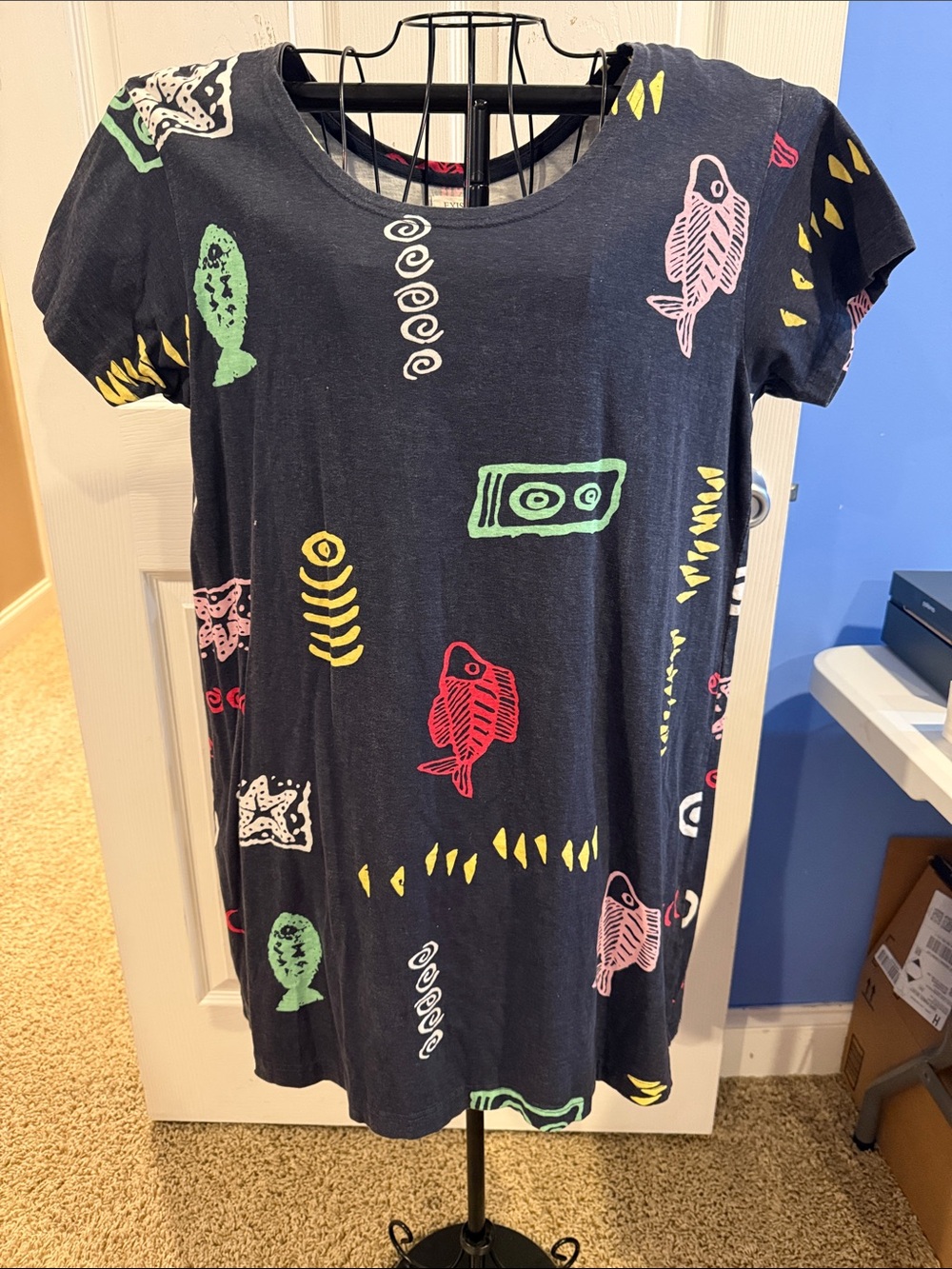 Women’s Exist Navy Beach Ocean Fish Print Tee Dress XL